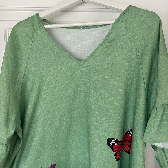 Green Butterfly Dress XXL Boho Casual Summer Dress Ruffle Sleeve V-Neck Tunic - Picture 7 of 12